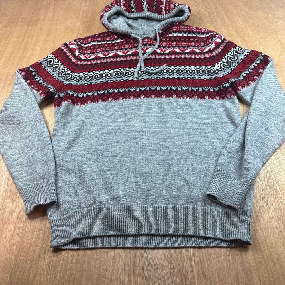 Buffalo David Bitton Men's M Fair Isle Hooded Sweater Wool Blend Gray Red Nordic